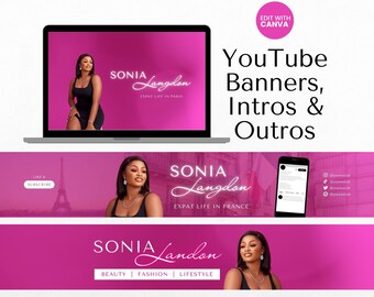 Pink YouTube Branding Kit: Banners, Intros, Outros - Canva Template