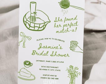 Hand Drawn She Found Her Perfect Matcha Bridal Shower Invitation Canva Template, Whimsical Matcha Themed Party Invite (Digital Download)