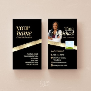 Può includere: Biglietto da visita nero e dorato con una foto di una donna e il testo "Tina Carmichael, Consulente fiscale". Il biglietto include anche informazioni di contatto e il testo "Mettiamoci in contatto!"
