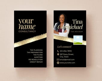 May include: Black and gold business card with a woman's headshot and the text "Tina Carmichael, Tax Advisor". The card also includes contact information and the text "Let's connect!"