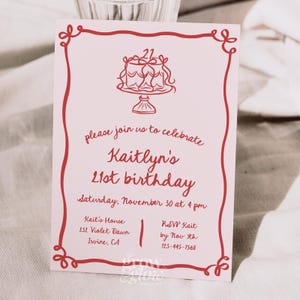 Bordure ondulée rose invitation anniversaire coquette rouge modèle d'invitation fête d'anniversaire gâteau noeuds roses dessinés à la main gâteau d'invitation de rubans de 21e anniversaire