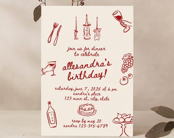 Plantilla de Canva para invitación de cumpleaños a una cena de niña dibujada a mano, estilo caprichoso (descarga digital)