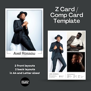 Z Kartenvorlage bearbeitbares Canva, S-Karte für Schauspieler, S-Karte für Männer, Modellier-Foto-Kartenvorlage, S-Karte Canva A4 8,5x11