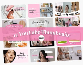 ピンクのYouTubeサムネイル：ミニマリスト向けCanvaテンプレート（12点セット）