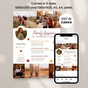 May include: A promotional graphic for family photography sessions, featuring a collage of family photos in a fall setting. The design includes text that reads "Family Sessions" and details on package options, with a mobile phone displaying the same design.
