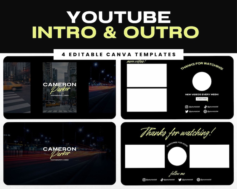 Yellow Outro Black Youtube Intro and Outro Video: Masculine Canva Templates - Etsy