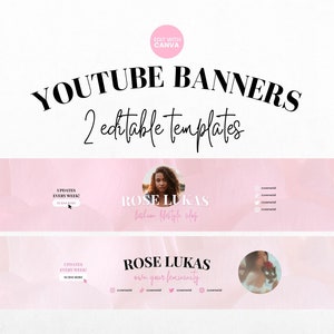 Youtube Banner Pink, Youtube Banner Kit Pink Template Canva, Pink Youtube Banner Kit Girly Template, Youtube Banner Pastel Pink Template