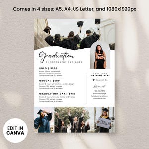 May include: A white and black flyer with a graduation theme. The flyer has a black and white photo of a group of people wearing graduation caps and gowns. The flyer also has text that says "Graduation Photography Packages" and lists different package options with prices. The flyer also has a logo and contact information.