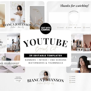 Youtube Branding Kit Neutral, Youtube Brand Kit Modern Canva Template, Youtube Intro and Outro Video, Youtube Banner Kit White Gray Neutral