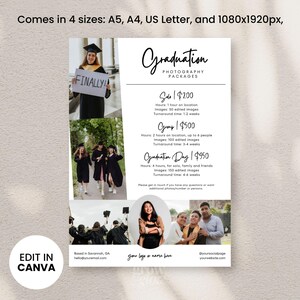 Modelo de folheto de fotografia de formatura Canva Fotógrafo Flyer e cartão de preço, folheto de sessão de fotografia, folheto de sessões de fotografia de alunos