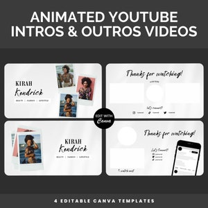 Youtube Intro and Outro Canva Template, Black and White Youtube Intro Template, Animated Youtube Intro Template Polaroid, Youtube End Screen