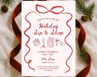 Holiday Sip and Shop Invitation Template Pink & Red Bow Christmas Popup Invite (Digital Download)