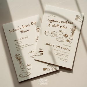 Home Cafe Party verjaardagsuitnodiging en menuset sjabloon Canva, gezellig appartement koffieshop thema-uitnodiging met menu (digitale download)