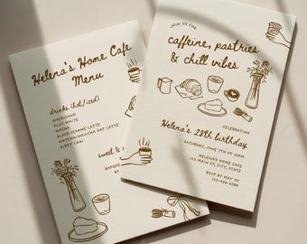 Home Cafe Party Birthday Invitation and Menu Set Template Canva, Cozy Apartment Coffee Shop Theme Invite with Menu (Digital Download)