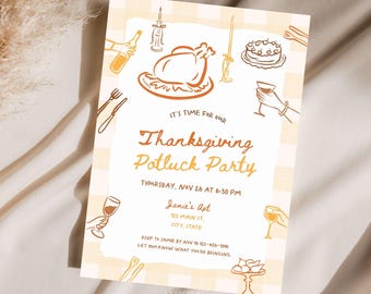 May include: A rectangular Thanksgiving potluck party invitation card with a light yellow gingham background. It features orange line art illustrations of a roasted turkey, cake, candles, and wine glasses. The text reads: It's time for our Thanksgiving Potluck Party, Thursday, Nov 26 at 6:30 PM, Jamie's Apt, 123 Main St, City, State, RSVP to Jamie by Nov 10 123-456-7890, let him know what you're bringing.