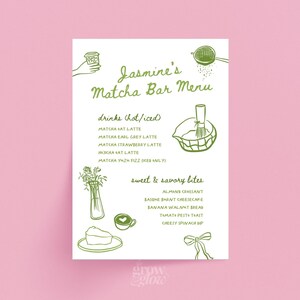 May include: A pink menu with green illustrations and text for Jasmine's Matcha Bar. The menu lists hot and iced drinks, including Matcha Oat Latte and Matcha Yuzu Fizz. It also features sweet and savory bites like almond croissant and Basque burnt cheesecake.