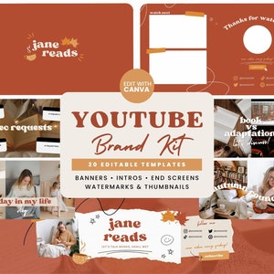 Youtube Brand Kit Autumn, Book Youtube Branding Kit Template Canva, Youtube Thumbnails Retro, Youtube Intro Outro, Youtube Banner Template