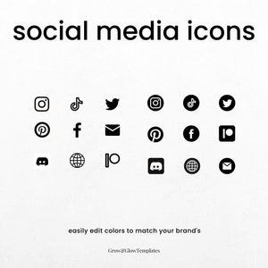 以下が含まれることがあります： Instagram、TikTok、Twitter、Pinterest、Facebook、YouTube、Discord、地球儀、ウェブサイトアイコン、メールアイコンなど、白黒のソーシャルメディアアイコンのセット。画像の上部に「social media icons」というテキストがあります。画像の下部に「easily edit colors to match your brand's」というテキストがあります。画像の一番下に「Grow&GlowTemplates」というテキストがあります。