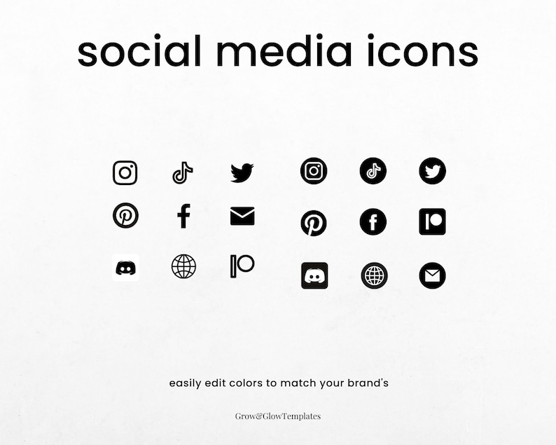 以下が含まれることがあります： Instagram、TikTok、Twitter、Pinterest、Facebook、YouTube、Discord、地球儀、ウェブサイトアイコン、メールアイコンなど、白黒のソーシャルメディアアイコンのセット。画像の上部に「social media icons」というテキストがあります。画像の下部に「easily edit colors to match your brand's」というテキストがあります。画像の一番下に「Grow&GlowTemplates」というテキストがあります。