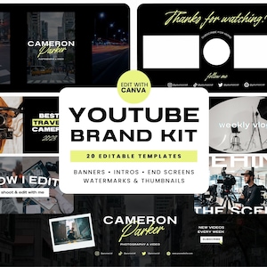 Youtube Branding Kit Black, Youtube Brand Kit Masculine, Black Youtube Intro Outro Video Template, Black Youtube Banner Canva Template