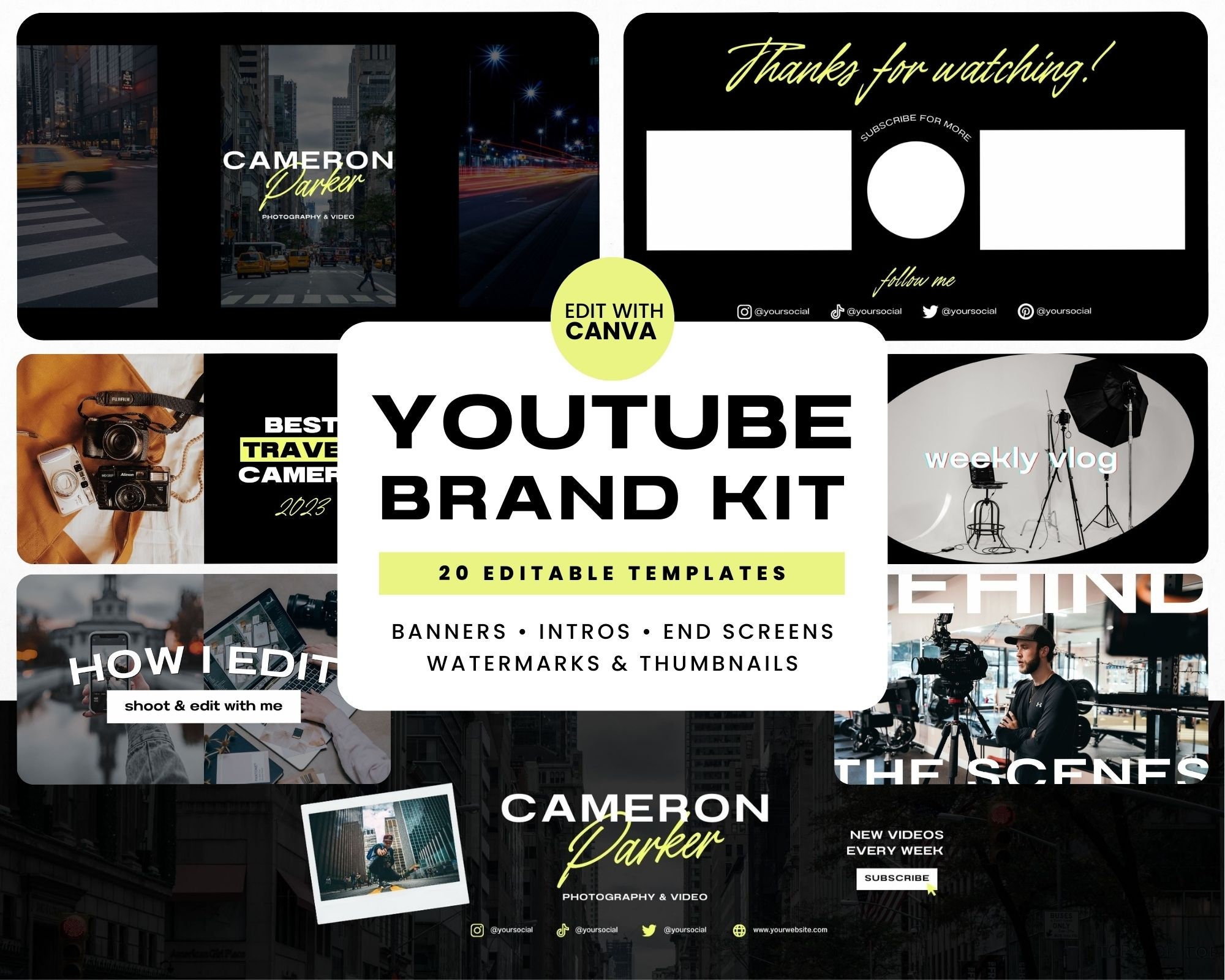 Youtube Branding Kit Schwarz, Youtube Brand Kit Maskulin, Schwarz Youtube Intro Outro Video Template, Schwarz Youtube Banner Canva Template