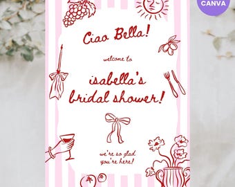 Ciao Bella Bridal Shower Welcome Sign Canva Template Pink & Red (Digital Download)