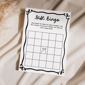 Tarjeta de juego personalizada de bingo para novias She's Tying The Knot, tarjetas de juego para despedidas de soltera con ondas negras, regalo de bingo para despedida de soltera, coqueta, lazos negros
