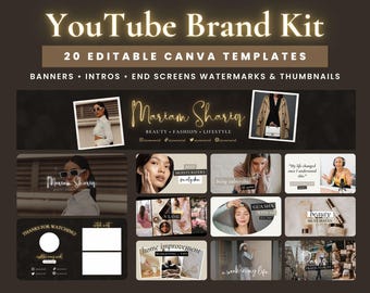 Black and Gold YouTube Branding Kit: Banners, Thumbnails, Intro and Outro Canva Templates