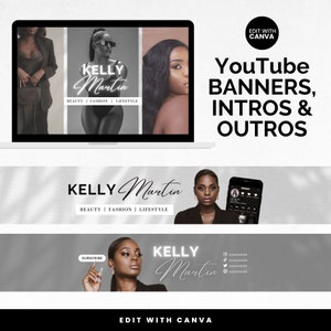 Black and White Youtube Brand Kit, Youtube Banner Black and White Animated Youtube Intro and Outro Template Canva, Youtube Intro Template