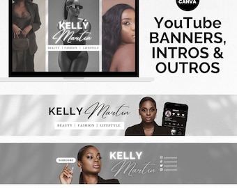 Schwarz und Weiß Youtube Brand Kit, Youtube Banner Schwarz und Weiß Animiertes Youtube Intro und Outro Template Canva, Youtube Intro Template
