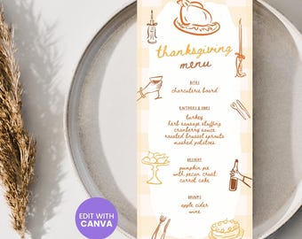 4x9 Thanksgiving Menu Long Canva Template (Digital Download) Editable Thanksgiving Menu Friendsgiving Potluck Party