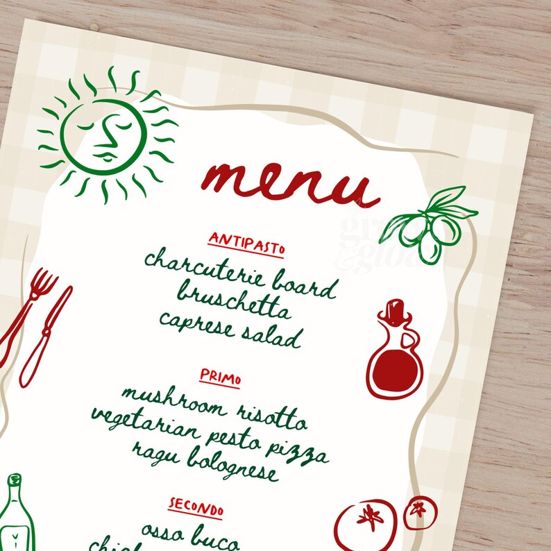 Secondo Menu Italian Dinner Long Menu Canva Template Red and Green Hand Drawn ...
