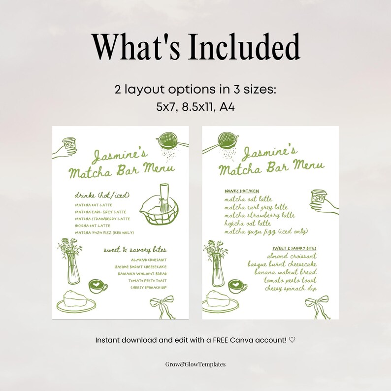 Hand Drawn She Found Her Perfect Matcha Menu Canva Template, Whimsical Matcha Menu Home Cafe Party (Digital Download) image 5