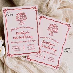 Hand Drawn Bow Invite for Birthday Party Pink Red Coquette Birthday Party Invitation Template, Whimsical Birthday Dinner Party Invitation