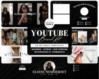 Youtube Branding Kit Schwarz, Youtube Template, Youtube Thumbnail Schwarz, animiertes Youtube Intro und Outro, Schwarzes Youtube Banner Canva Template