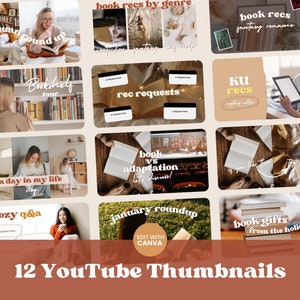 May include: Twelve YouTube thumbnails featuring a variety of book-themed designs. The thumbnails include images of books, people reading, and text overlays. Some of the thumbnails have titles such as "Autumn Book Round Up", "Bookshelf Tour", "Cozy Q&A", "January Roundup", and "Book Gifts from the Holidays".