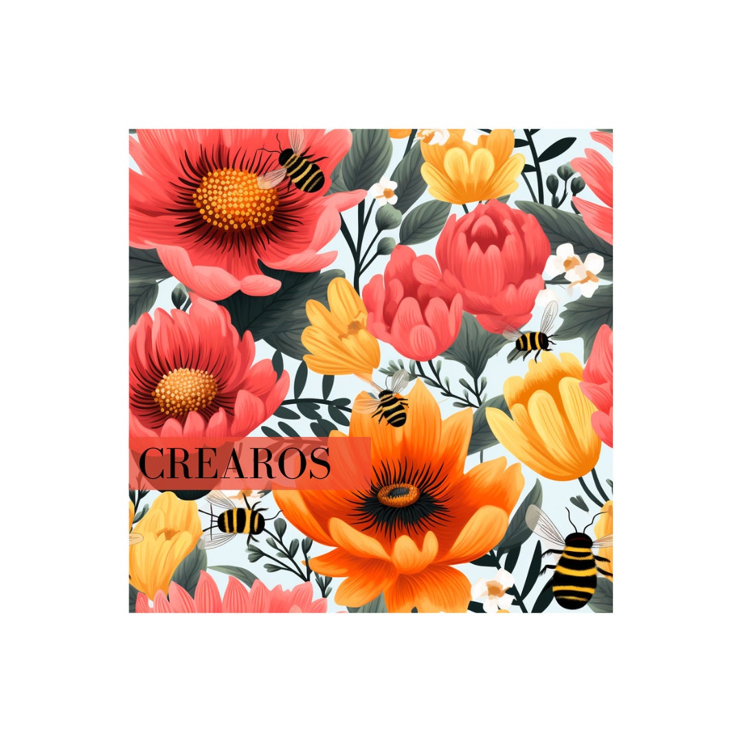 Floral Bliss With Bumble Bees Seamless Pattern Highresolution Digital Image Etsy