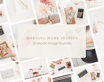 Morning Work Session Stock Photo Bundle / 26 Faceless Lifestyle Images / Authentic Office Workspace Stock Images for Social Media