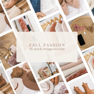 May include: A collage of images featuring fall fashion items, including hats, sweaters, boots, and clothing racks. The text "FALL FASHION 35 stock image bundle" is displayed in the center of the image.