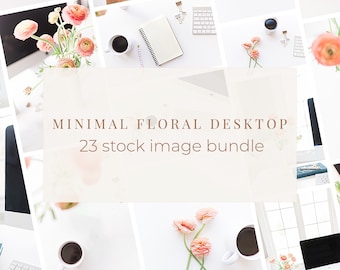 Minimal Floral Desktop Stock Bundle / 23 Elegant Workspace Stock Images / Chic Floral Office Photography for Business and Blogging