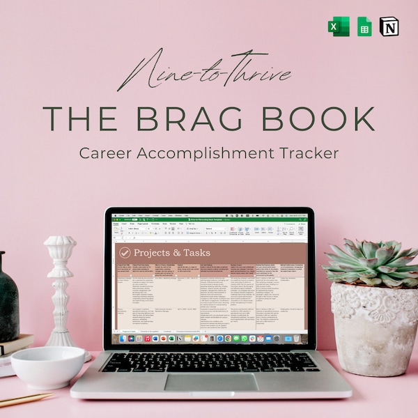 The Brag Book: Career Accomplishment Tracker voor MS Excel, Google Spreadsheets, Notion