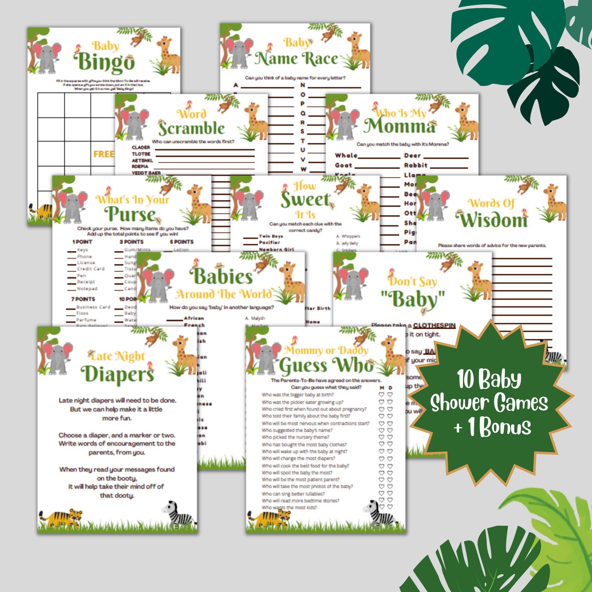 Safari Baby Shower Games Bundle: 10 Printable Jungle Games (digital  Download) - Etsy, image size:2000x2000