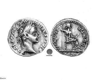 May include: Detailed black and white illustration of two ancient coins. One coin features a profile of a man's head with text around the edge. The other coin shows a seated figure with a staff and text. The coins are likely Roman or Greek.