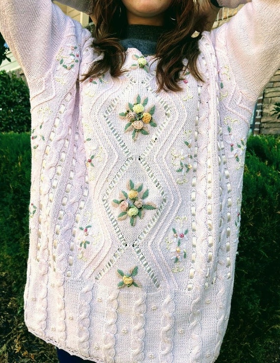 Vintage Pale Pink Hand Knitted Embroidered Sweater