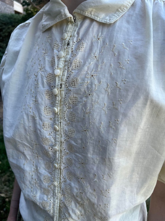 Antique Embroidered Cottagecore Blouse with Puff … - image 2