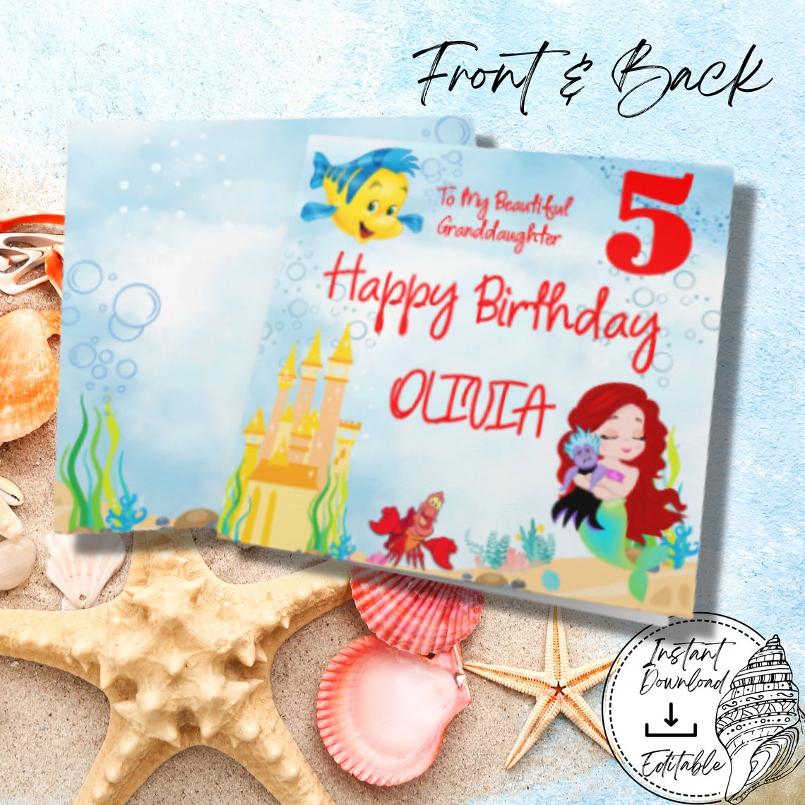 Ariel Birthday Card Digital Download Editable Template - Etsy