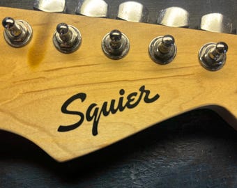 Squier Modern Headstock Logo - Premium Vinyl Guitar Project Replacement Black White