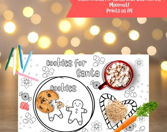 Op de afbeelding: Een zwart-witte printbare placemat met een kleurplaatontwerp met koekjes, melk en een peperkoekman. De tekst "Cookies for Santa" staat bovenaan de placemat.