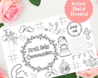 May include: Black and white printable coloring page with a First Holy Communion theme. The page features a wreath with the words "First Holy Communion", a dove, a girl in a dress, a chalice, a cross, a rosary, a bible, and a word search puzzle.