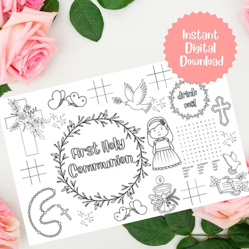 First Holy Communion Coloring Placemat, Girl Communion Coloring ...